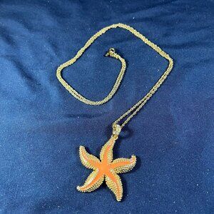 Starfish Pendant Gold Chain Necklace With Rhinestone Accents & Coral Enamel Fini